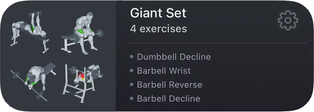 Workout card for a Giant Set with four exercises: Dumbbell Decline, Barbell Wrist, Barbell Reverse, and Barbell Decline. Includes visual previews of each exercise with color-coded muscle activation.