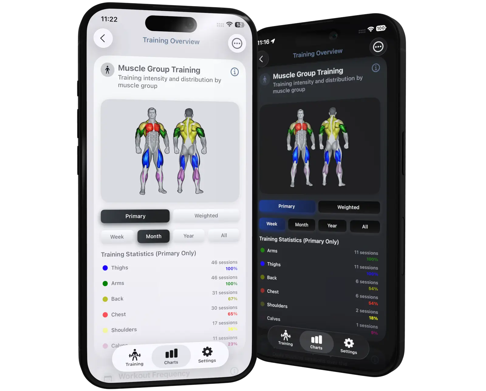 Screenshots of the VigiGym app featuring an iOS 26 design with native SwiftUI, seamless Light and Dark Modes, muscle group training distribution, and training stats.