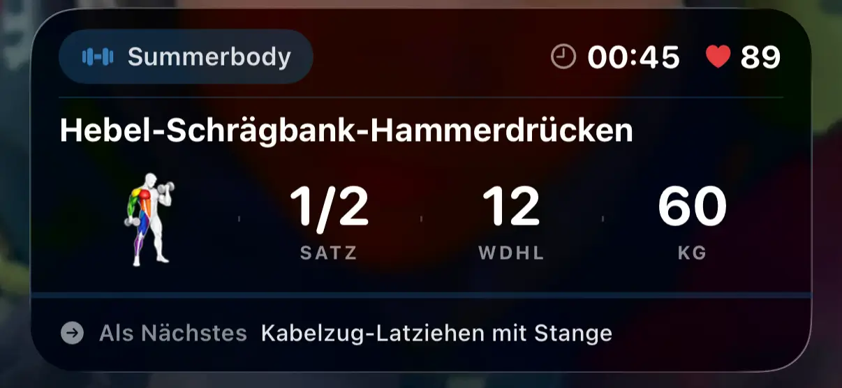 VigiGym Live Activity auf dem iPhone Lock Screen — Workout-Status und Rest Timer ohne die App zu öffnen