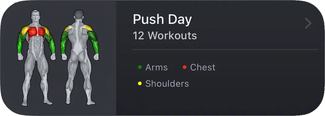 Routine card for Push Day with 12 workouts. Muscle areas for arms, chest, and shoulders are highlighted in green, red, and yellow.