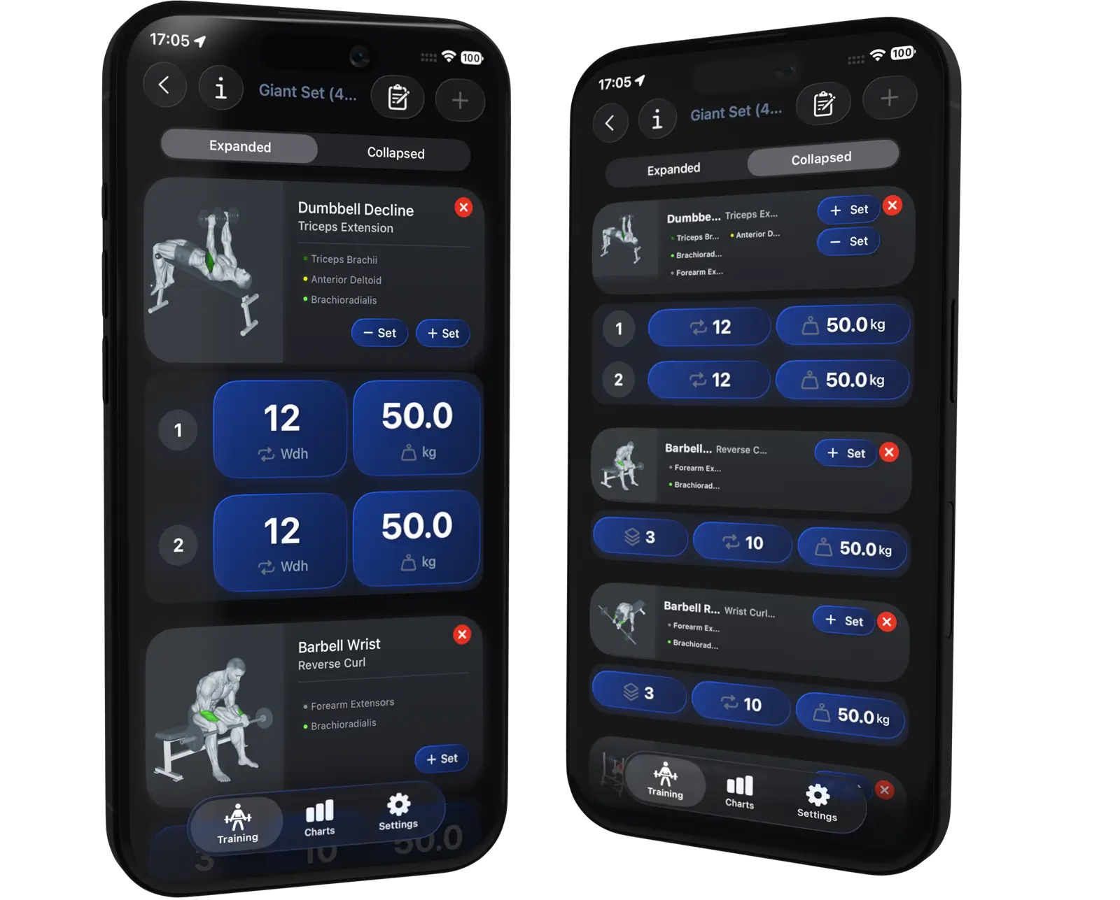 Screenshots of the VigiGym app showcasing a modular workout builder for straight sets, supersets, giant sets, and drop sets, with customizable exercises and clear progress tracking.