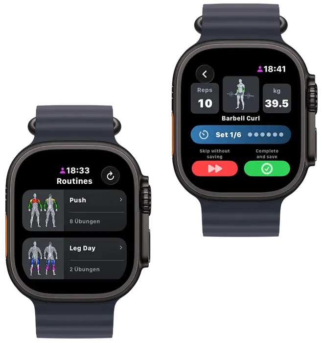 VigiGym Apple Watch App mit Trainingsroutinen und Übungs-Tracking für Sätze, Wiederholungen und Gewicht