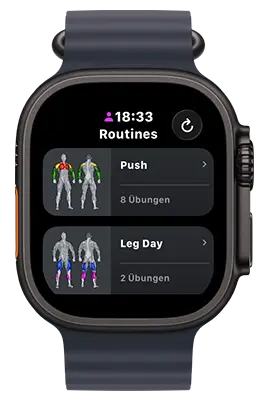 Apple Watch mit geöffneter VigiGym-App und zwei Trainingsroutinen: „Push“ und „Leg Day“, inklusive farblich markierter Muskelgruppen.