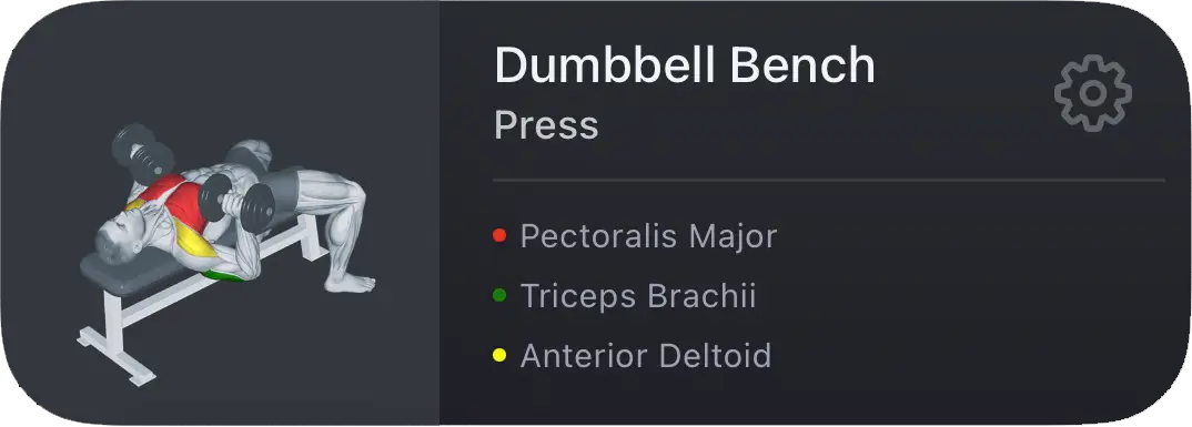 Workout card showing Dumbbell Bench Press with color-coded muscles