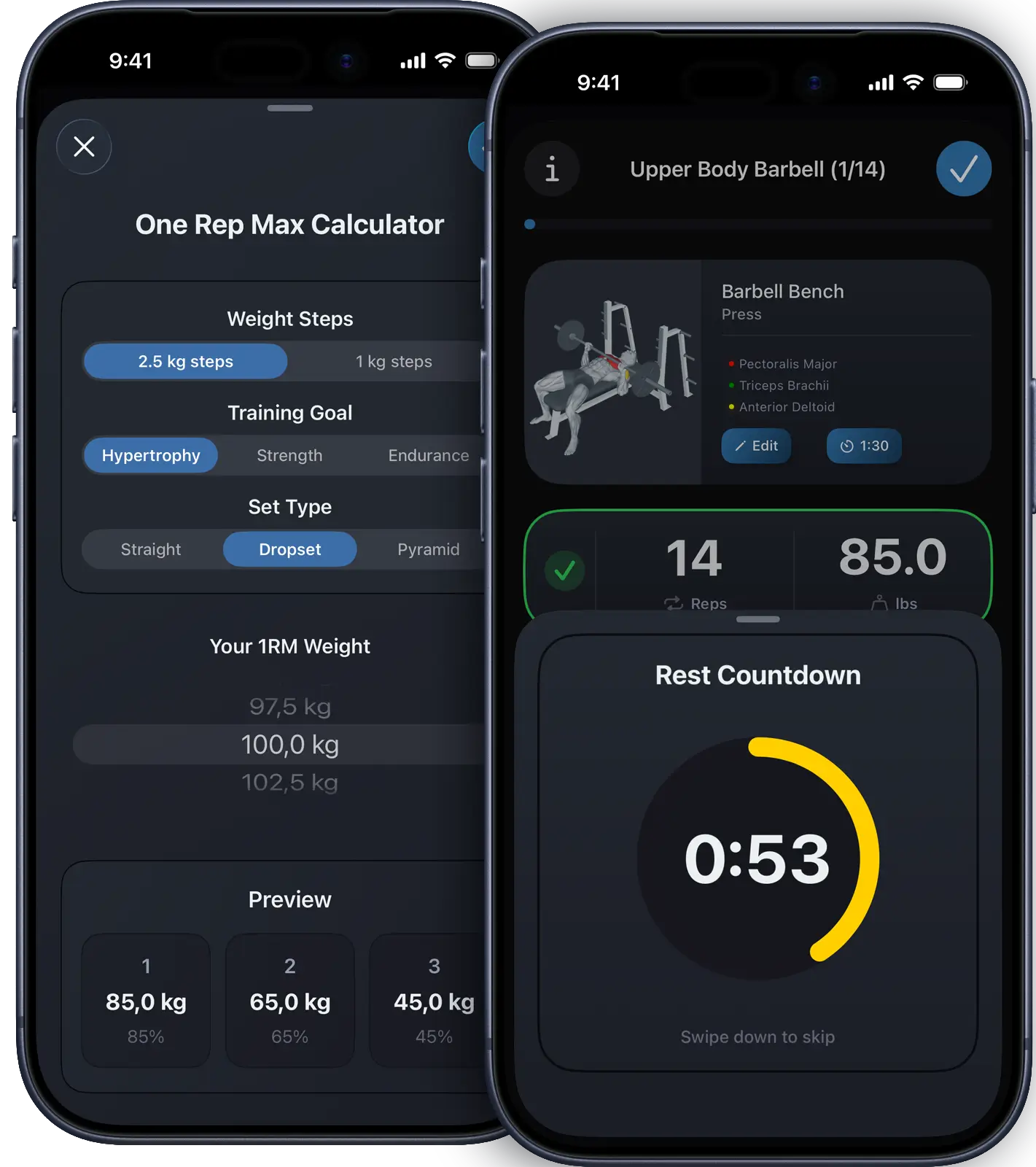 VigiGym 1RM calculator on iPhone calculating optimal training weights for strength, hypertrophy, and endurance with swipe gesture controls and rest timer