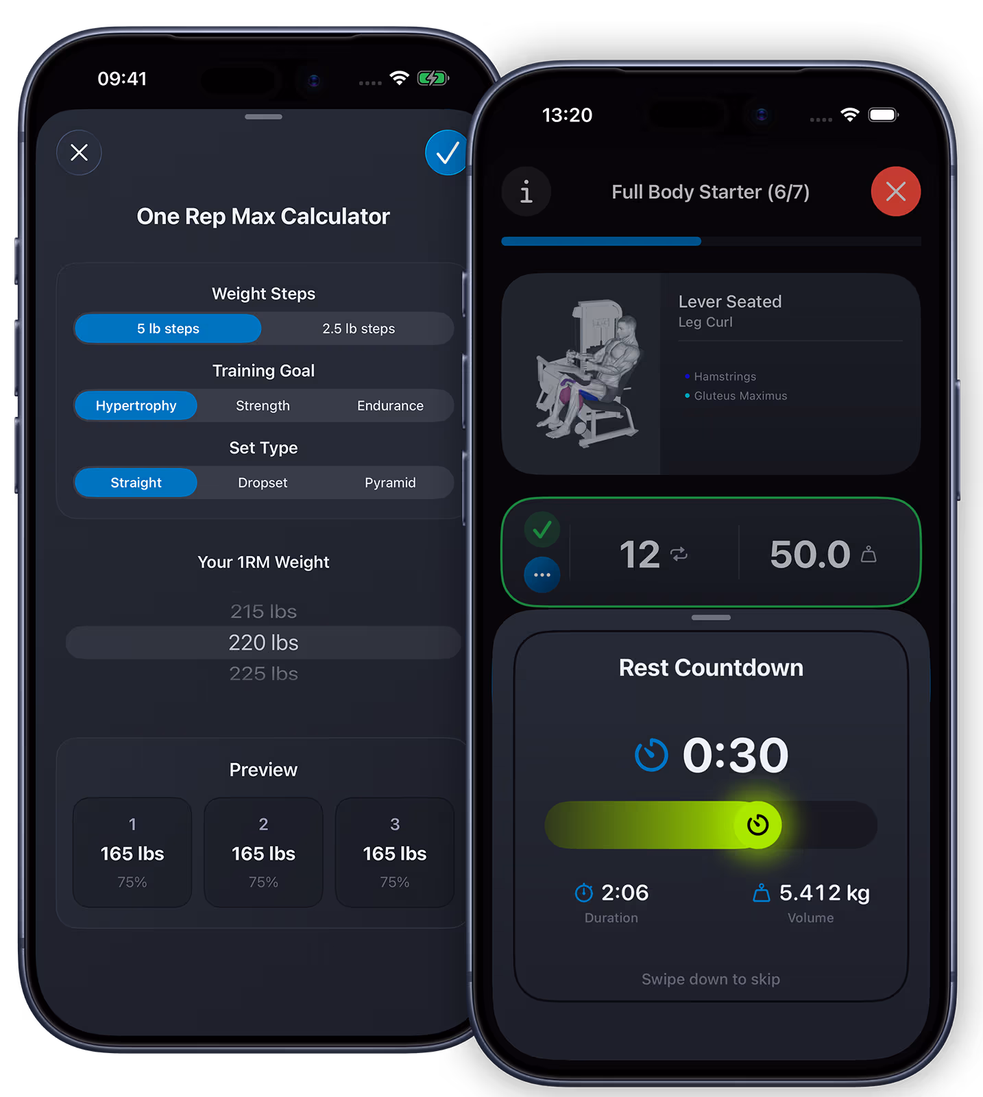 VigiGym on iPhone: one rep max calculator with training goal and set type, and the rest countdown during a routine