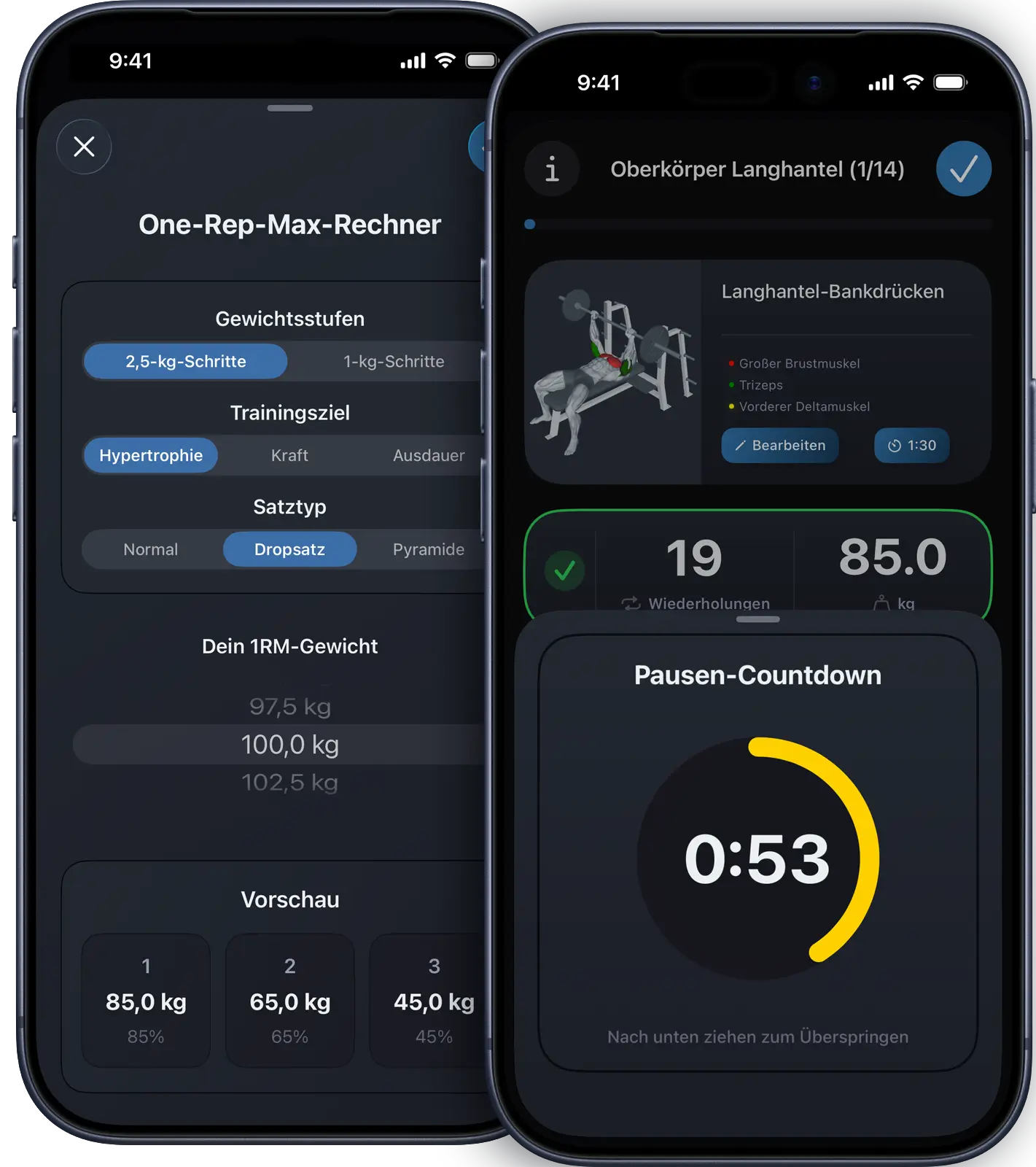 VigiGym 1RM-Rechner auf iPhone berechnet optimale Trainingsgewichte für Kraft, Hypertrophie und Ausdauer mit Swipe-Gesten-Steuerung und Pausentimer