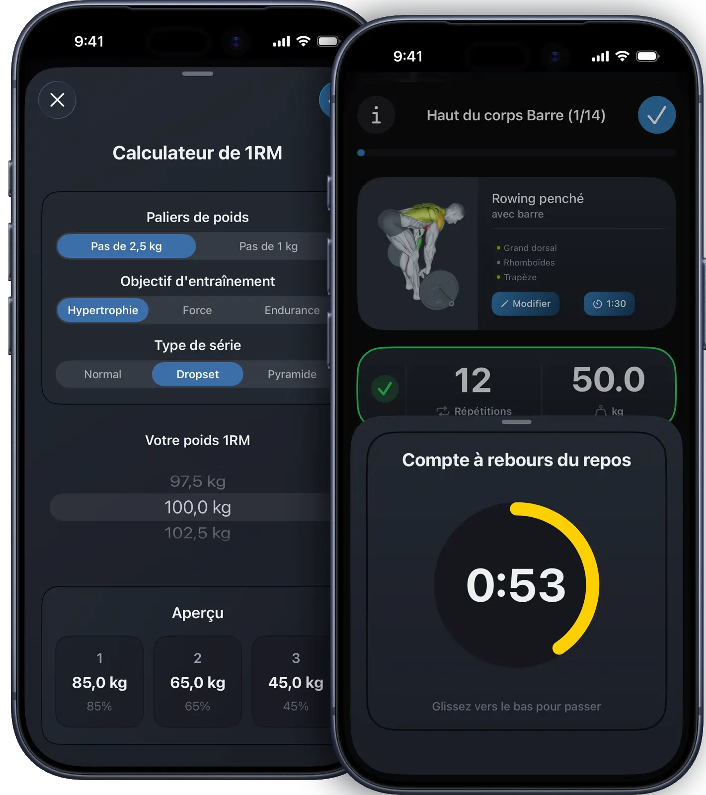 VigiGym calculateur 1RM sur iPhone calculant les poids d'entraînement optimaux pour force, hypertrophie et endurance avec contrôles par geste swipe et minuteur de repos