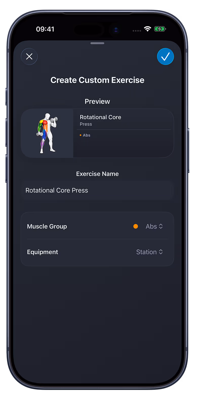 VigiGym on iPhone: creating a custom exercise with name, muscle group and equipment