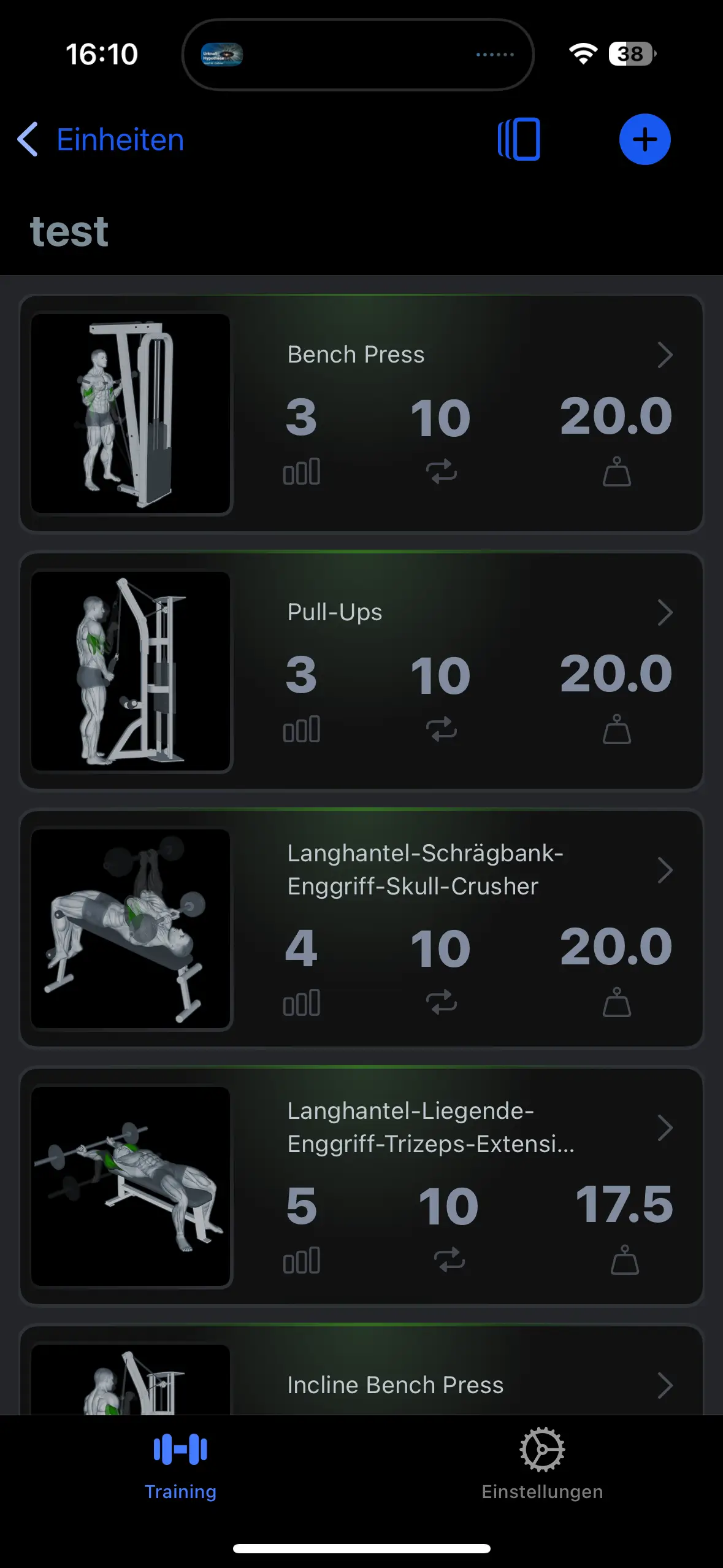 SimplyGym früher Prototyp — Workout-Builder-Screen