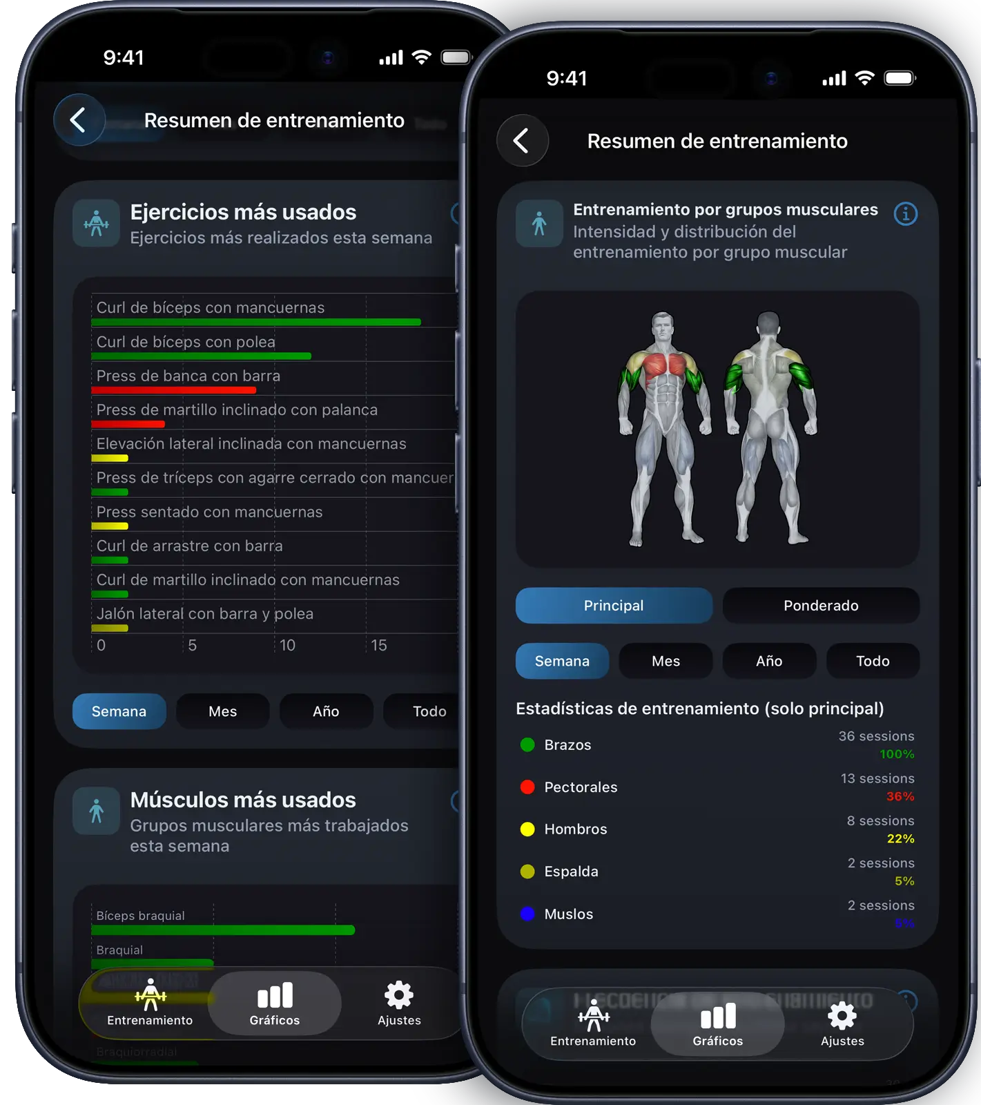 VigiGym estadísticas de entrenamiento en iPhone con mapa de distribución muscular, gráficos de progresión de peso, calendario de rachas de entrenamiento y historial de entrenamiento