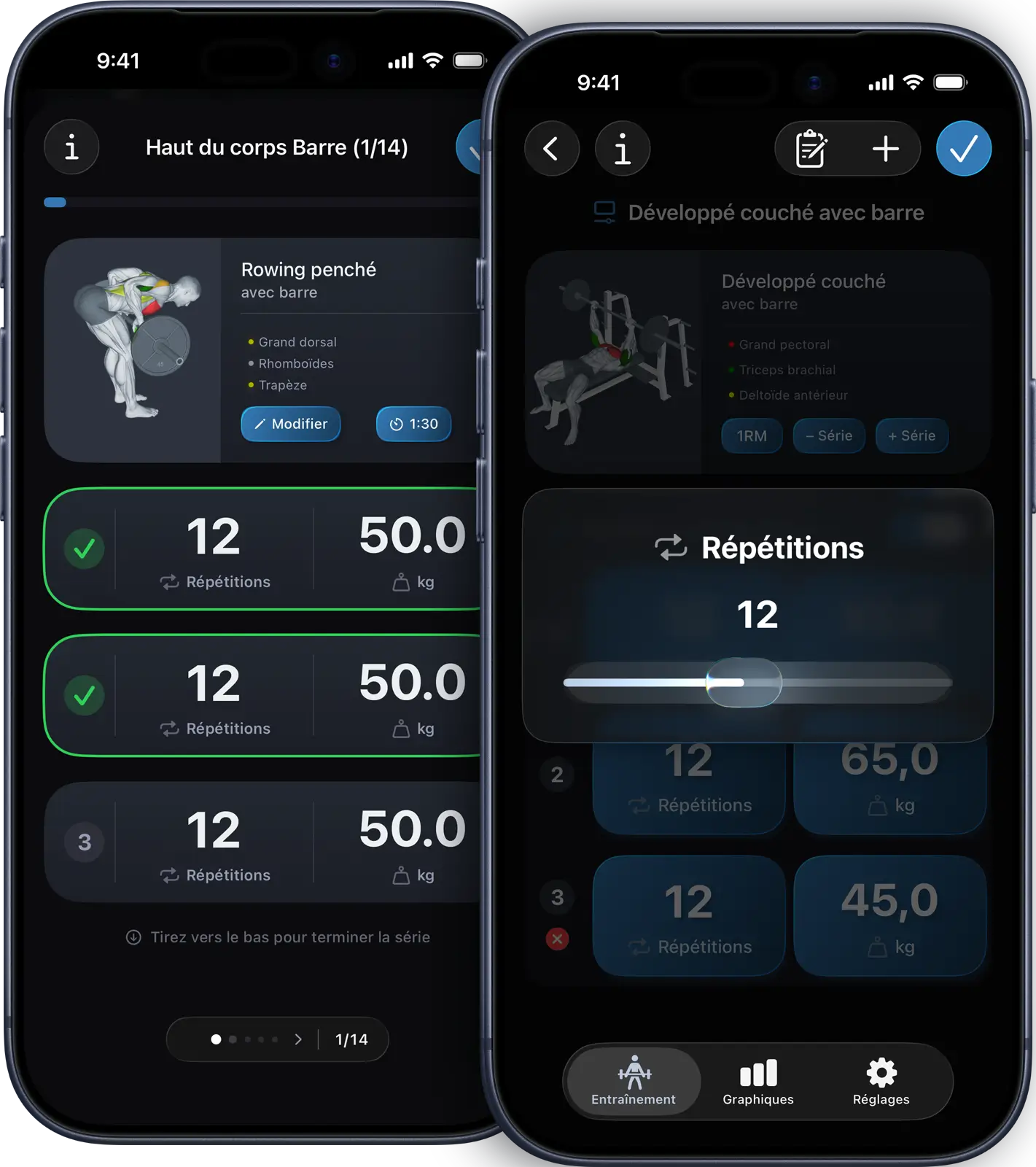 VigiGym gestes de balayage sur iPhone avec contrôles d'entraînement intuitifs, saisie par curseur, boutons adaptés aux gants et navigation gestuelle