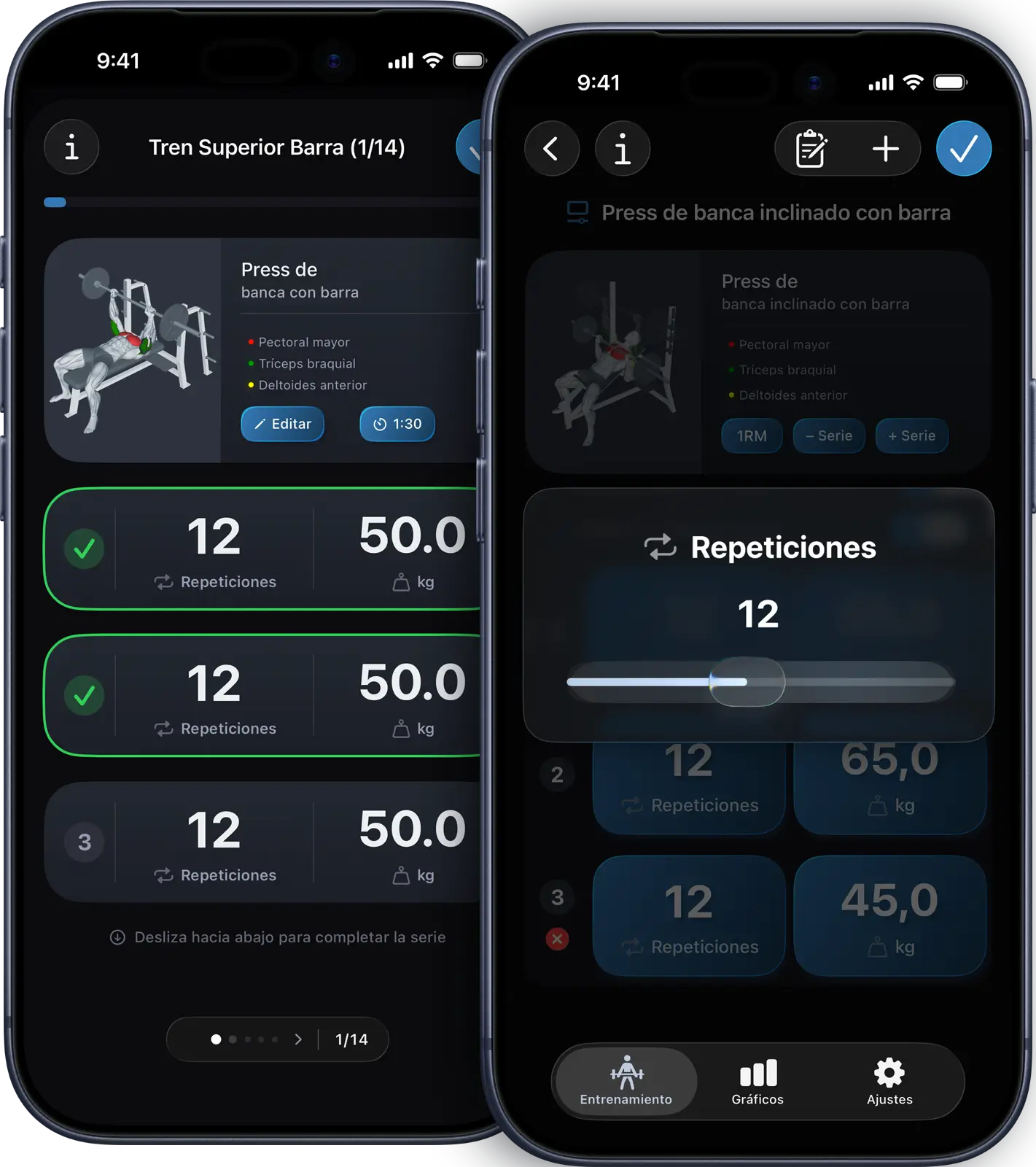 VigiGym gestos de deslizamiento en iPhone con controles de entrenamiento intuitivos, entrada basada en sliders, botones amigables con guantes y navegación gestual