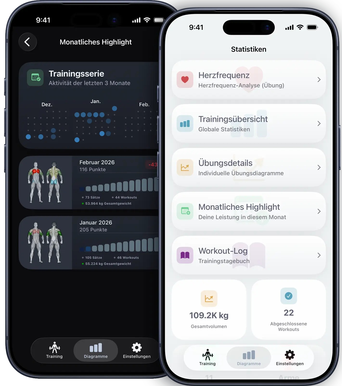 VigiGym Hell- und Dunkelmodus auf iPhone mit nativem iOS-Design, nahtlosem Erscheinungsbild-Wechsel, haptischem Feedback und SwiftUI-Interface