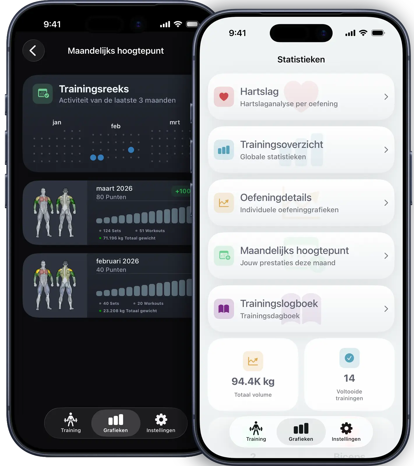VigiGym licht en donker modus op iPhone met native iOS-ontwerp, naadloze weergave-wisseling, haptische feedback en SwiftUI-interface