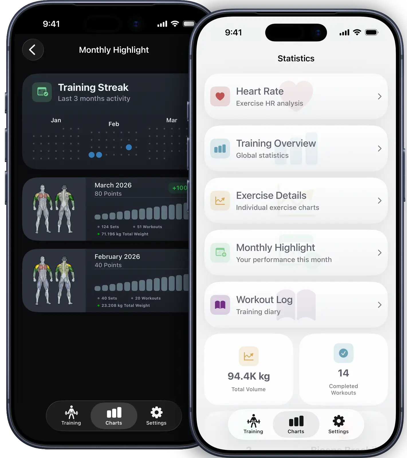 VigiGym light and dark mode on iPhone showing native iOS design with seamless appearance switching, haptic feedback, and SwiftUI interface