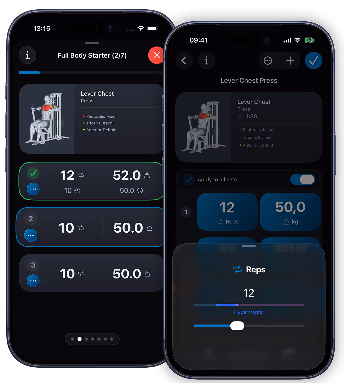 VigiGym on iPhone: logging sets during a routine with the set menu, and adjusting reps with the slider