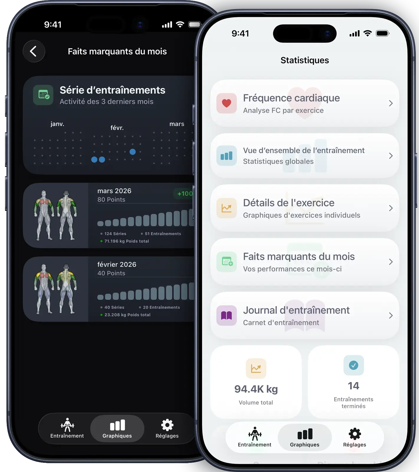 VigiGym mode clair et sombre sur iPhone avec design iOS natif, changement d'apparence fluide, retour haptique et interface SwiftUI