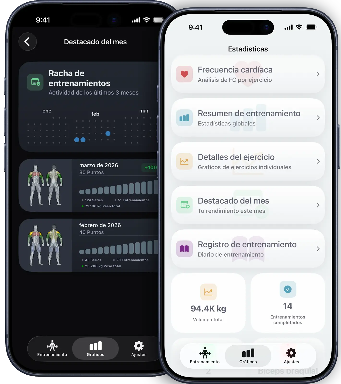 VigiGym modo claro y oscuro en iPhone con diseño iOS nativo, cambio de apariencia fluido, retroalimentación háptica e interfaz SwiftUI