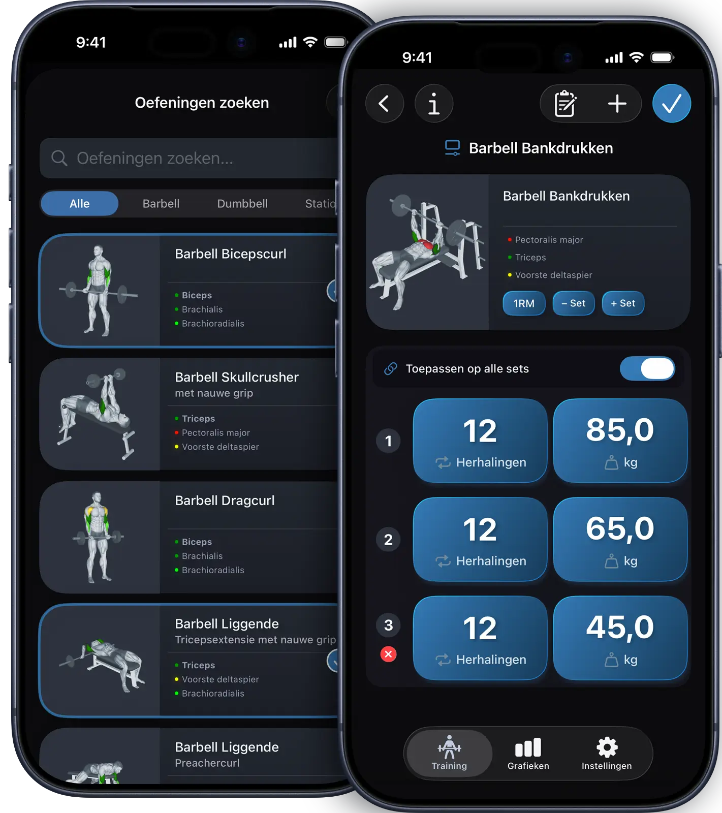 VigiGym modulaire workout builder op iPhone met superset-creatie, oefeningscombinatie en flexibele set-configuratie voor bodybuilding en powerlifting