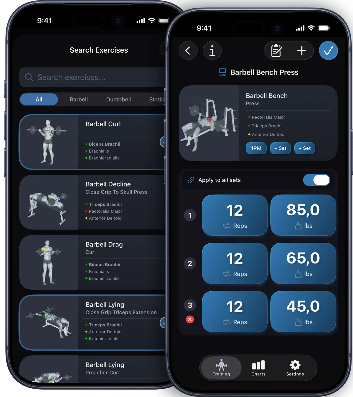VigiGym modular workout builder on iPhone showing superset creation, exercise combination, and flexible set configuration for bodybuilding and powerlifting