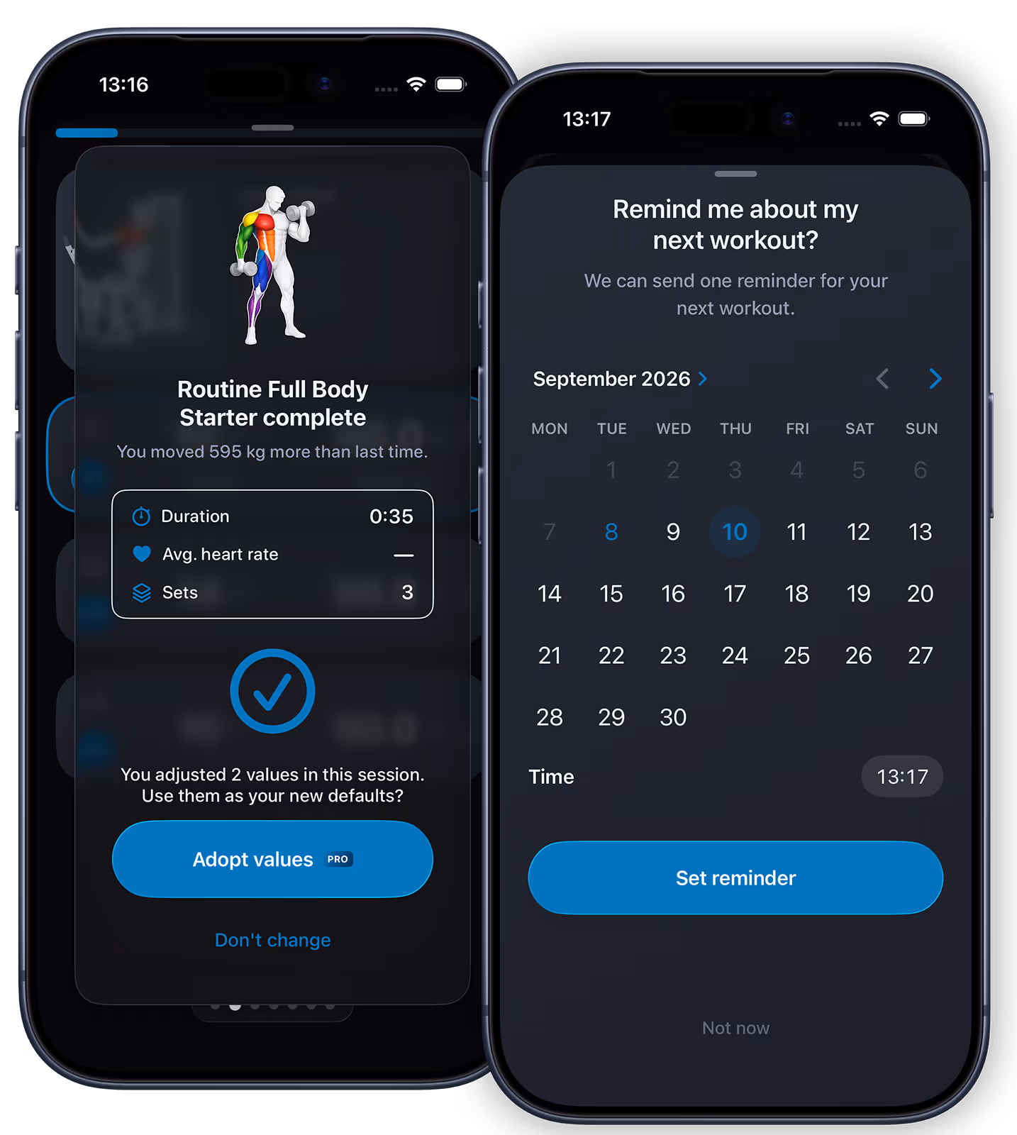 VigiGym on iPhone: routine complete – adopt the adjusted values as new defaults (Pro), and set a reminder for the next workout