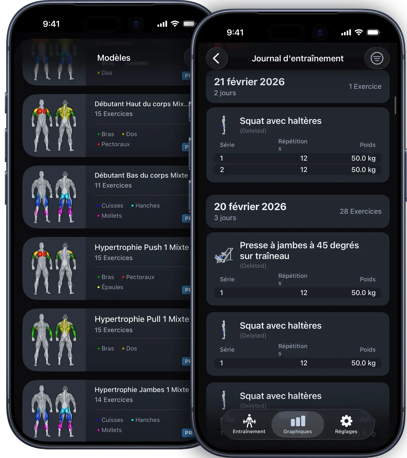 VigiGym tracker d'entraînement iPhone avec routines personnalisées, sélection d'exercices, cartographie musculaire et builder modulaire
