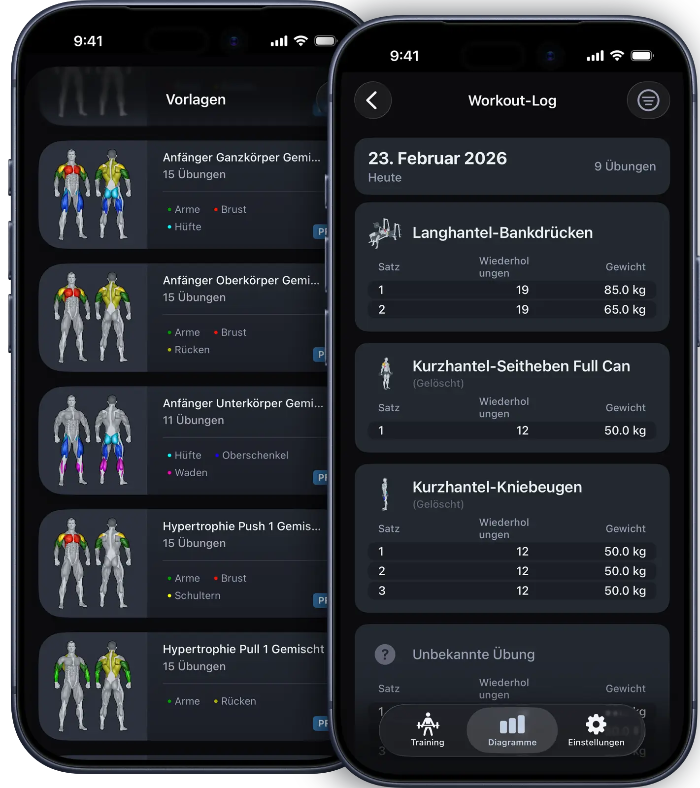 VigiGym Trainings-Tracker iPhone App mit individuellen Workout-Routinen, Übungsauswahl, Muskelgruppen-Mapping und modularem Trainingsplaner