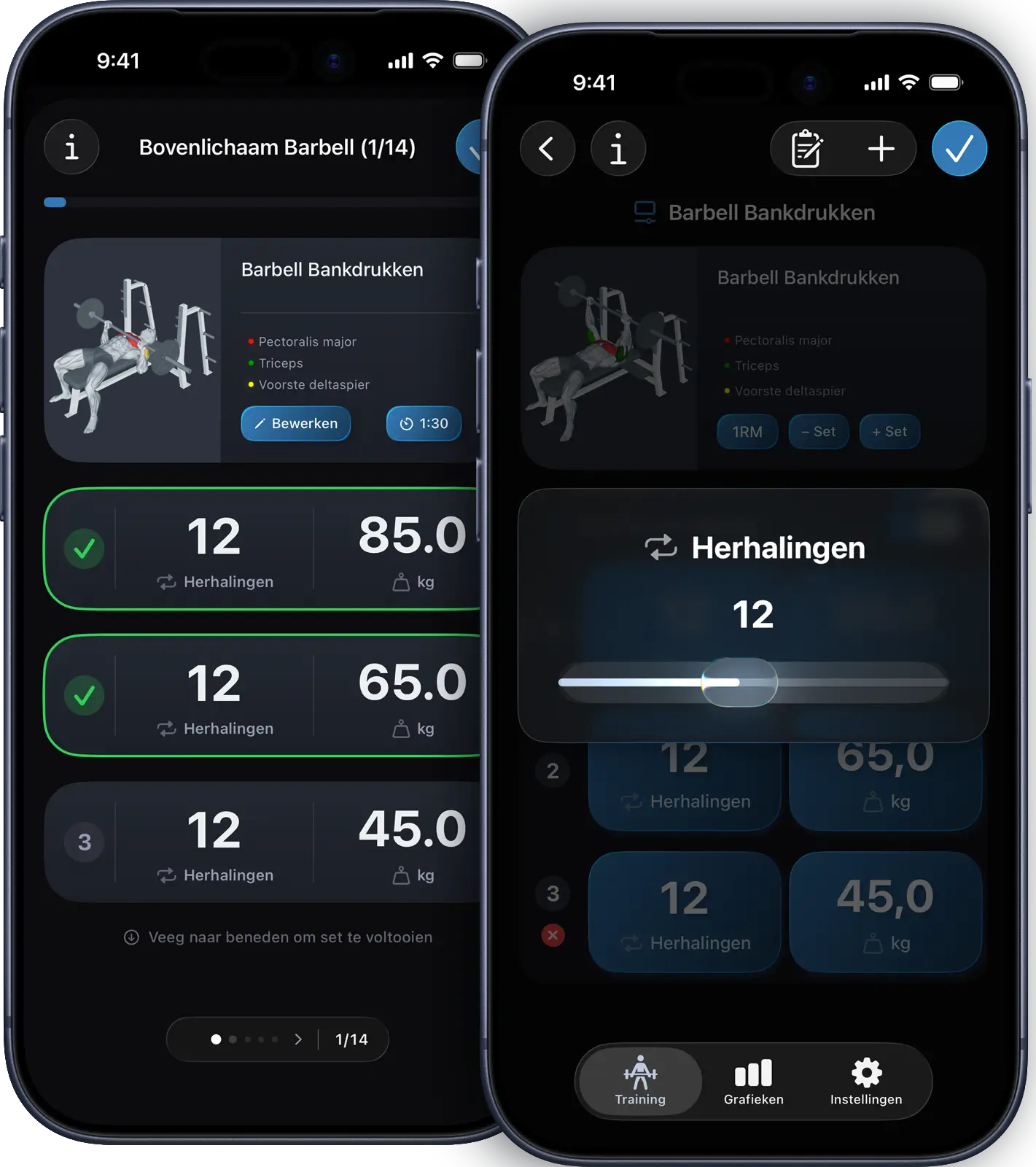 VigiGym veeg-gebaren op iPhone met intuïtieve workout-bediening, slider-gebaseerde invoer, handschoenvriendelijke knoppen en gebaar-navigatie