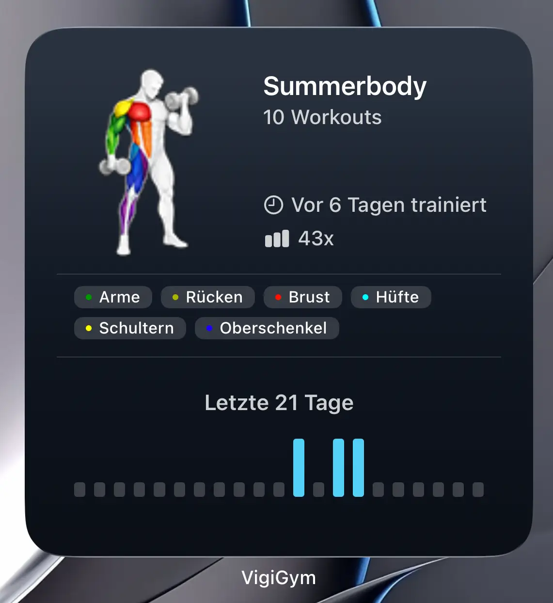 VigiGym Widget auf dem iPhone Home Screen — Live Workout-Daten immer im Blick