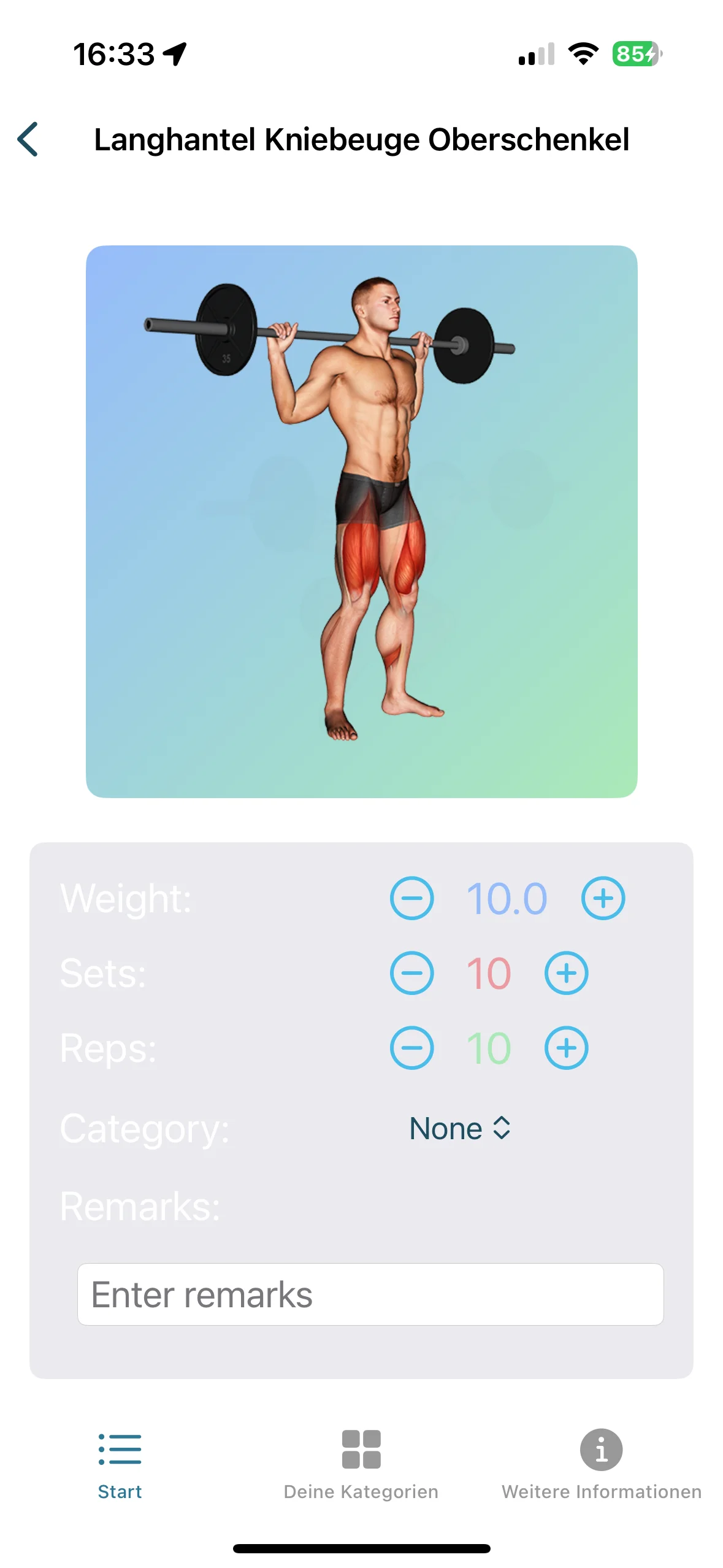 VigiGym erster Prototyp — Weight, Sets und Reps noch mit klassischen Stepper-Buttons