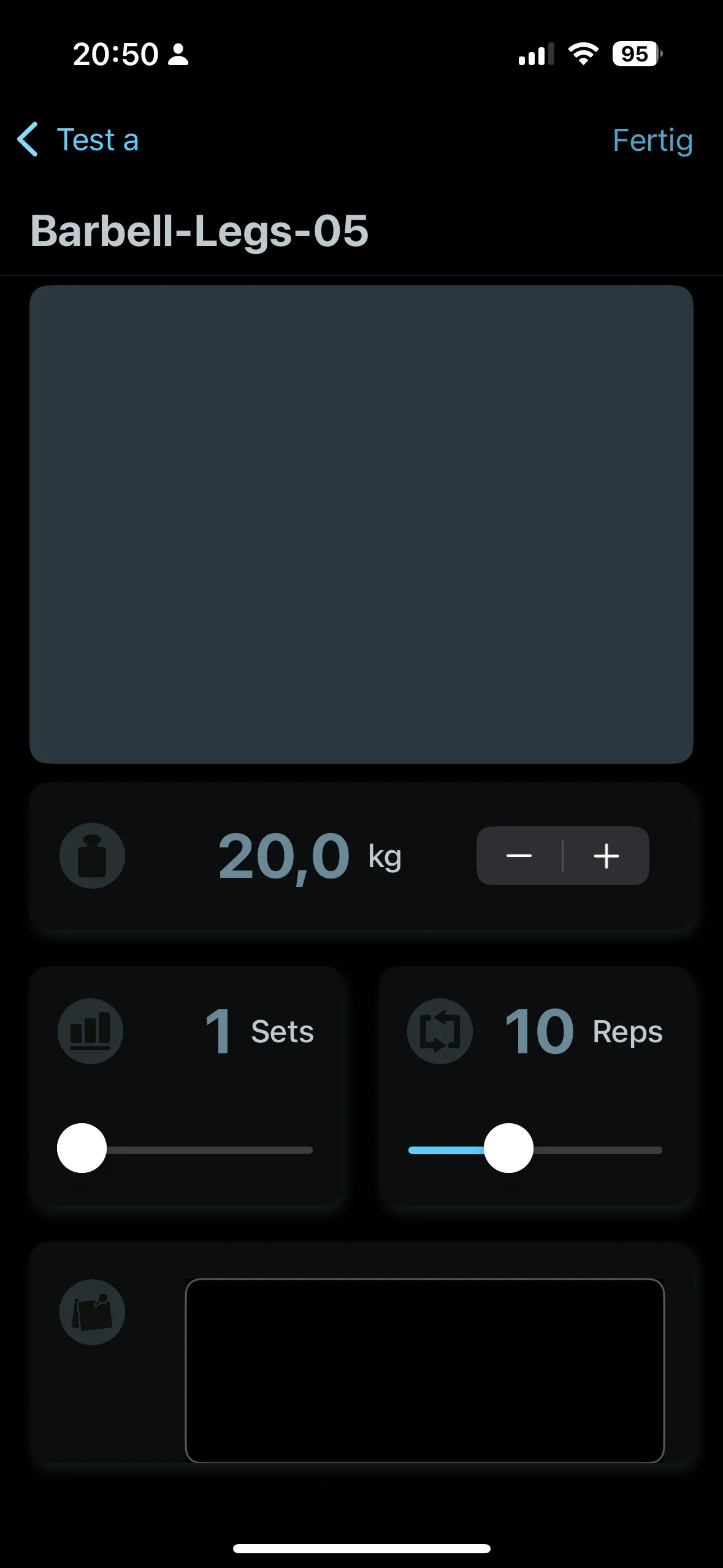 VigiGym dritter Prototyp im Dark Mode — erste Slider für Sets und Wiederholungen, Gewicht noch als Stepper