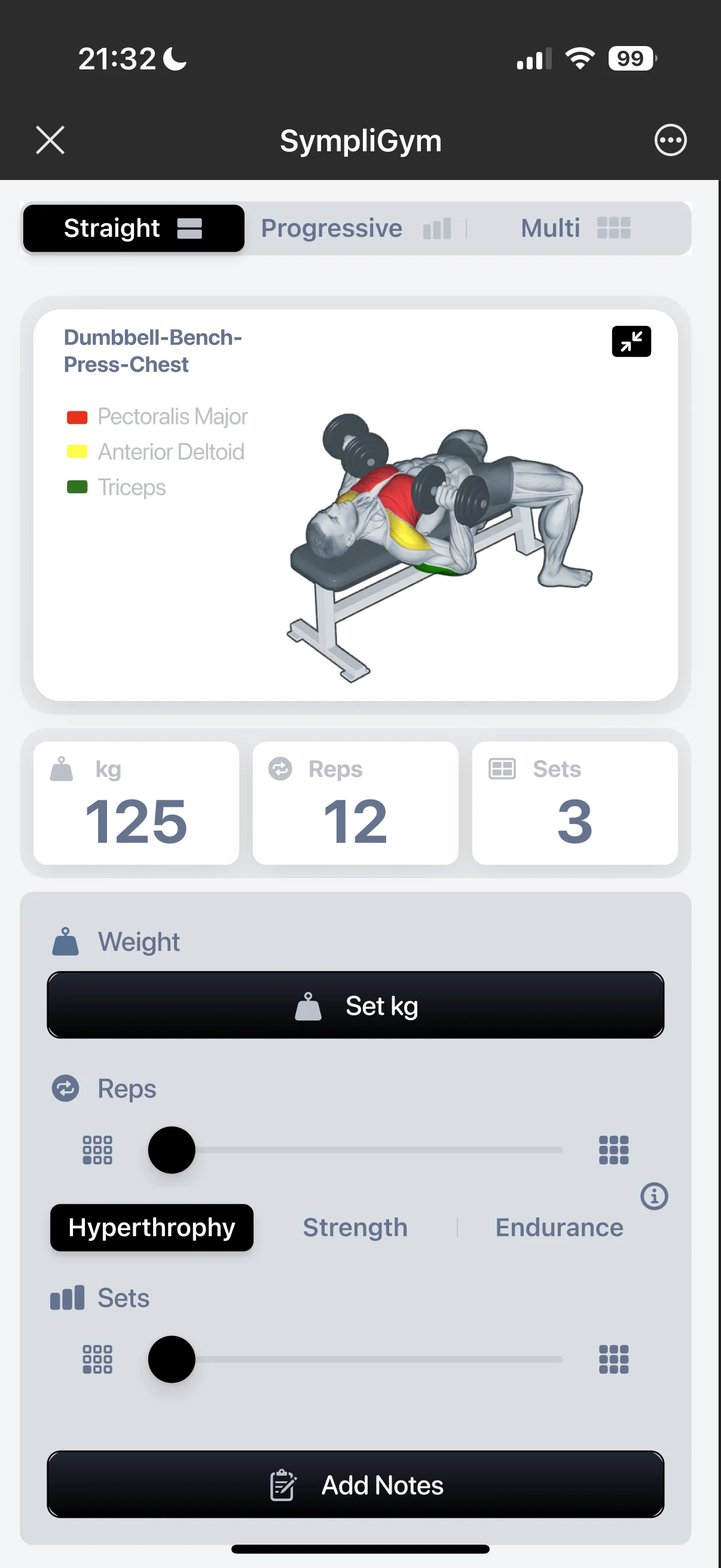 VigiGym vierter Prototyp — Kacheln für Werte, Slider für Reps und Sets, separater Button für Gewicht