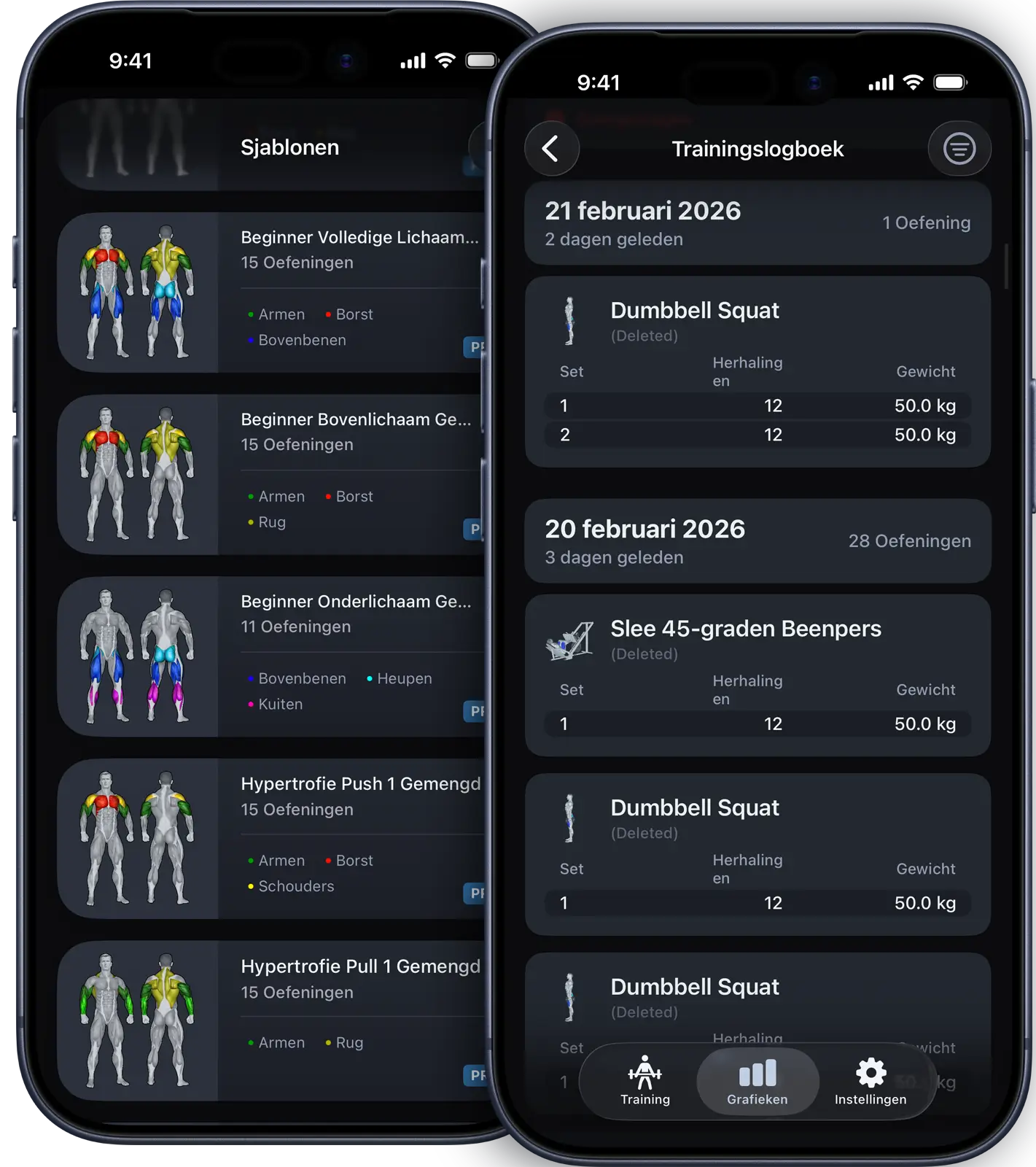 VigiGym workout tracker iPhone app met aangepaste trainingsroutines, oefeningsselectie, spiergroep-mapping en modulaire trainingsplanner