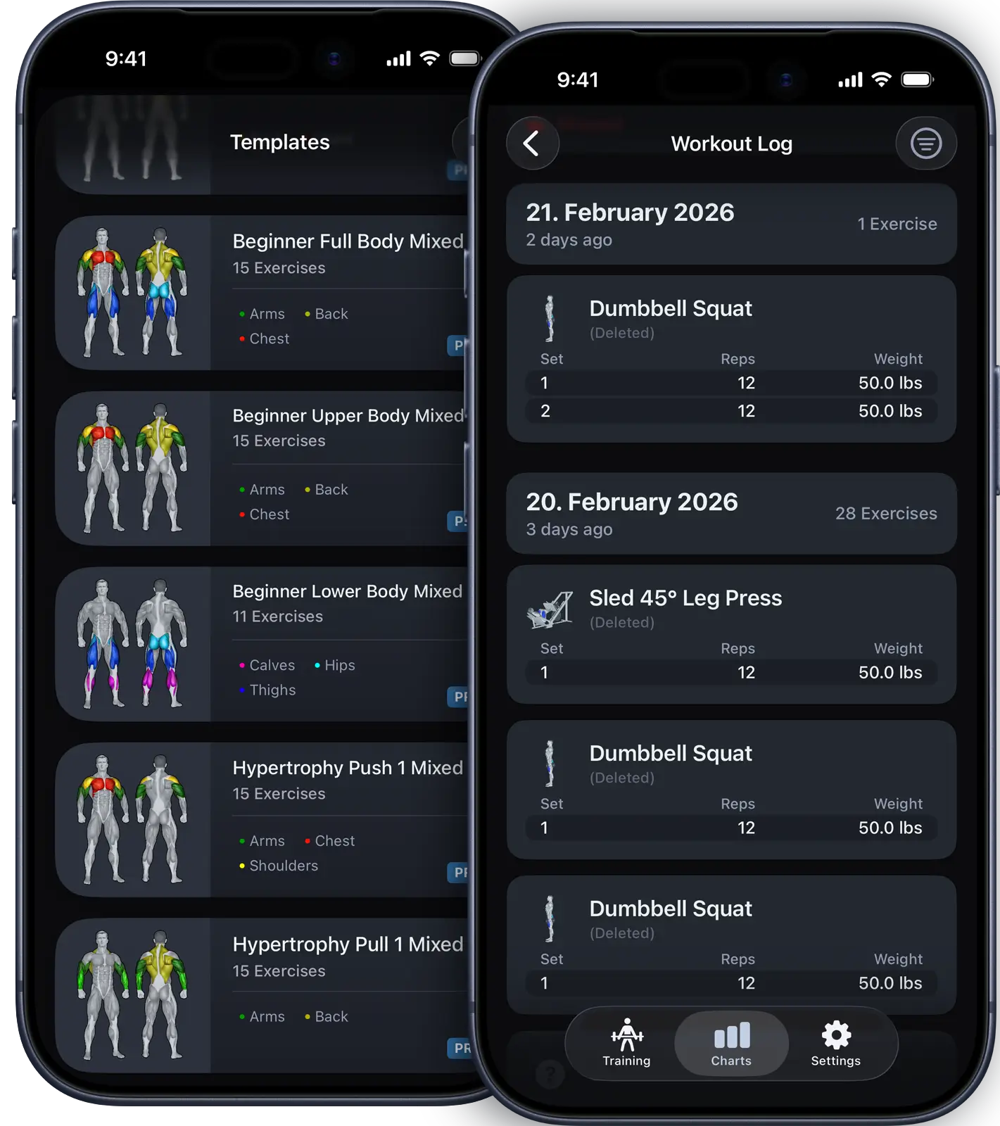 VigiGym workout tracker iPhone app showing custom training routines with exercise selection, muscle group mapping, and modular workout builder