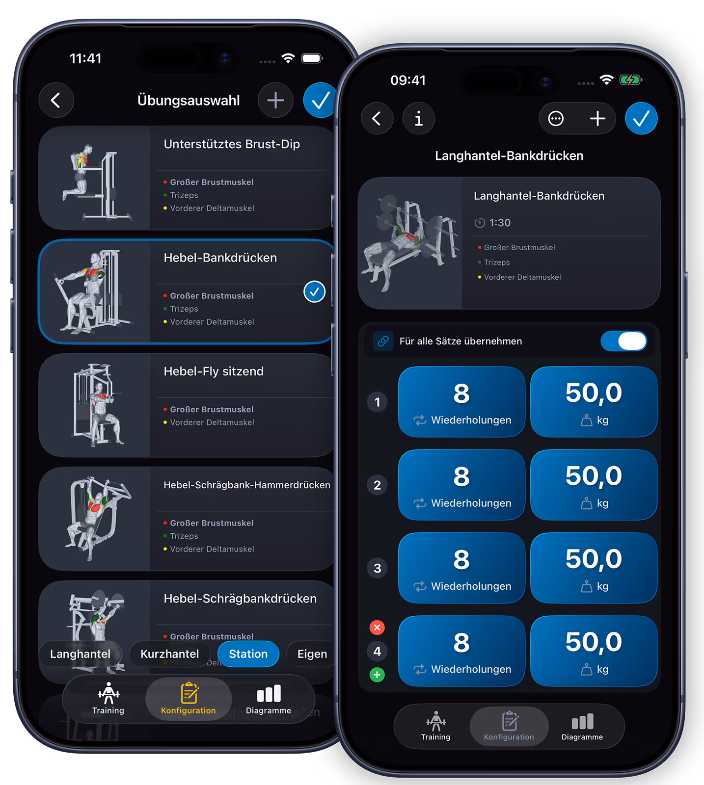 VigiGym Trainings-Builder auf dem iPhone: Übungsauswahl und Satz-Konfiguration mit Wiederholungen und Gewicht für das Bankdrücken