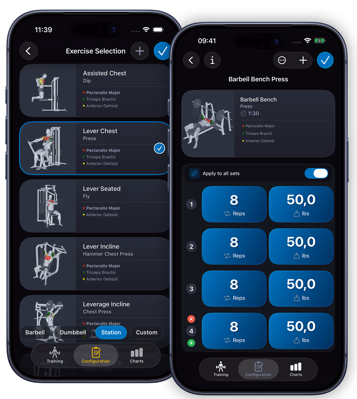 VigiGym workout builder on iPhone: exercise selection and set configuration with reps and weight for the bench press
