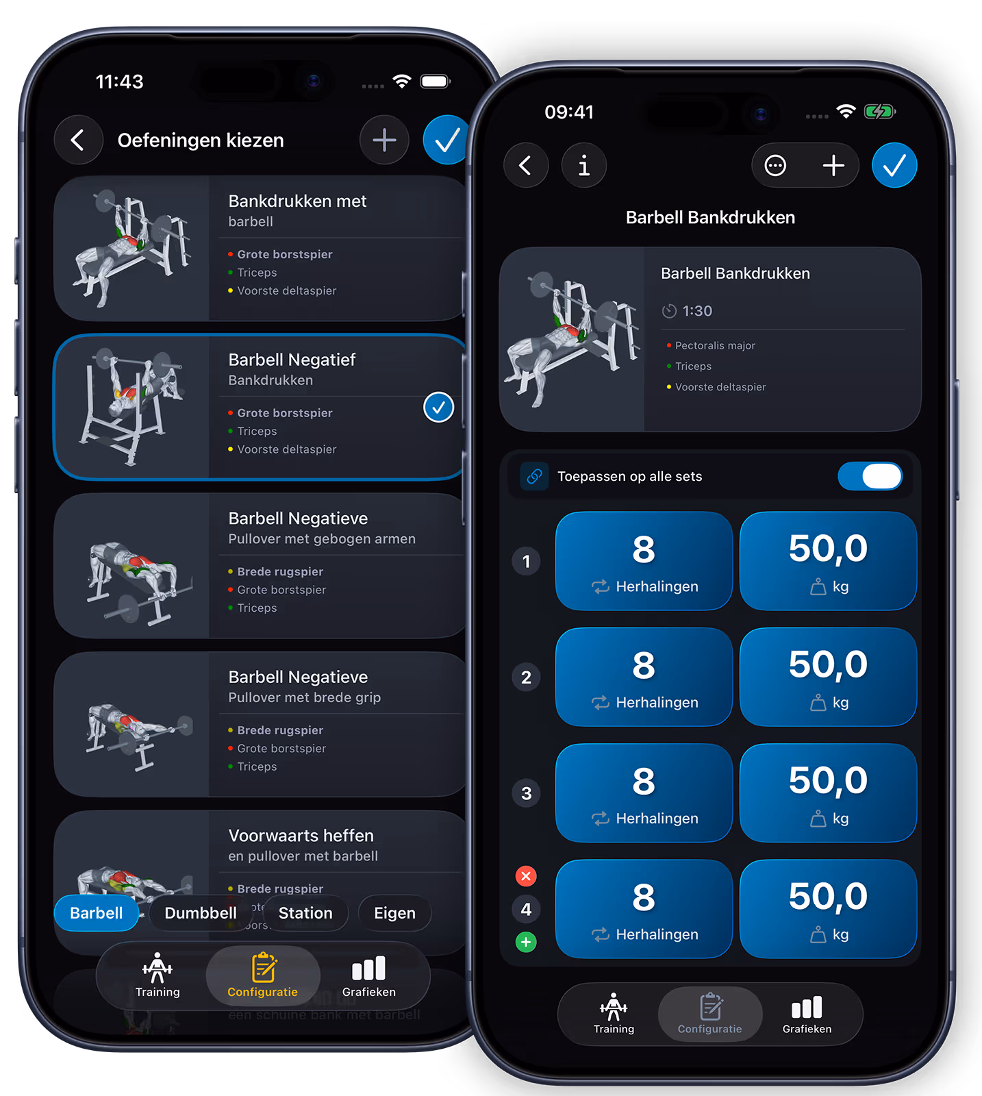 VigiGym workout builder op iPhone: oefeningen kiezen en sets configureren met reps en gewicht voor de bench press